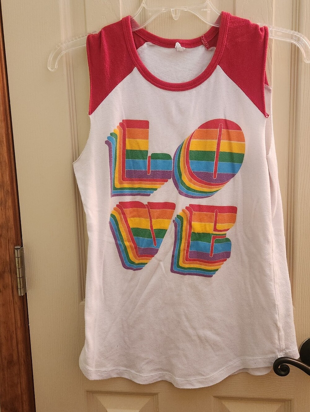 Aternative Earth White Tank Top with Red Trim and Rainbow LOVE Graphic PRIDE